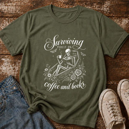 Surviving Purely On Coffee And Books Printed T-Shirt | Halloween Book Lover Gift Military Green