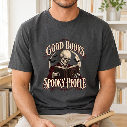 Good Books Spooky People Printed T-Shirt | Halloween Book Lover Gift Dark Heather