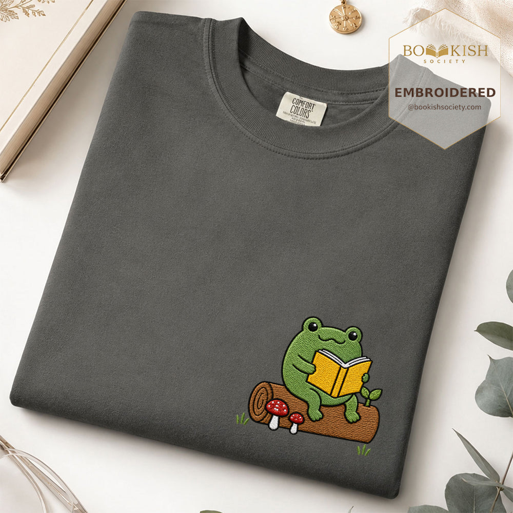Embroidered Frog on Log Reading Book Comfort Color® T-shirt Book Lover Gift Pepper