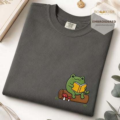 Embroidered Frog on Log Reading Book Comfort Color® T-shirt Book Lover Gift Pepper