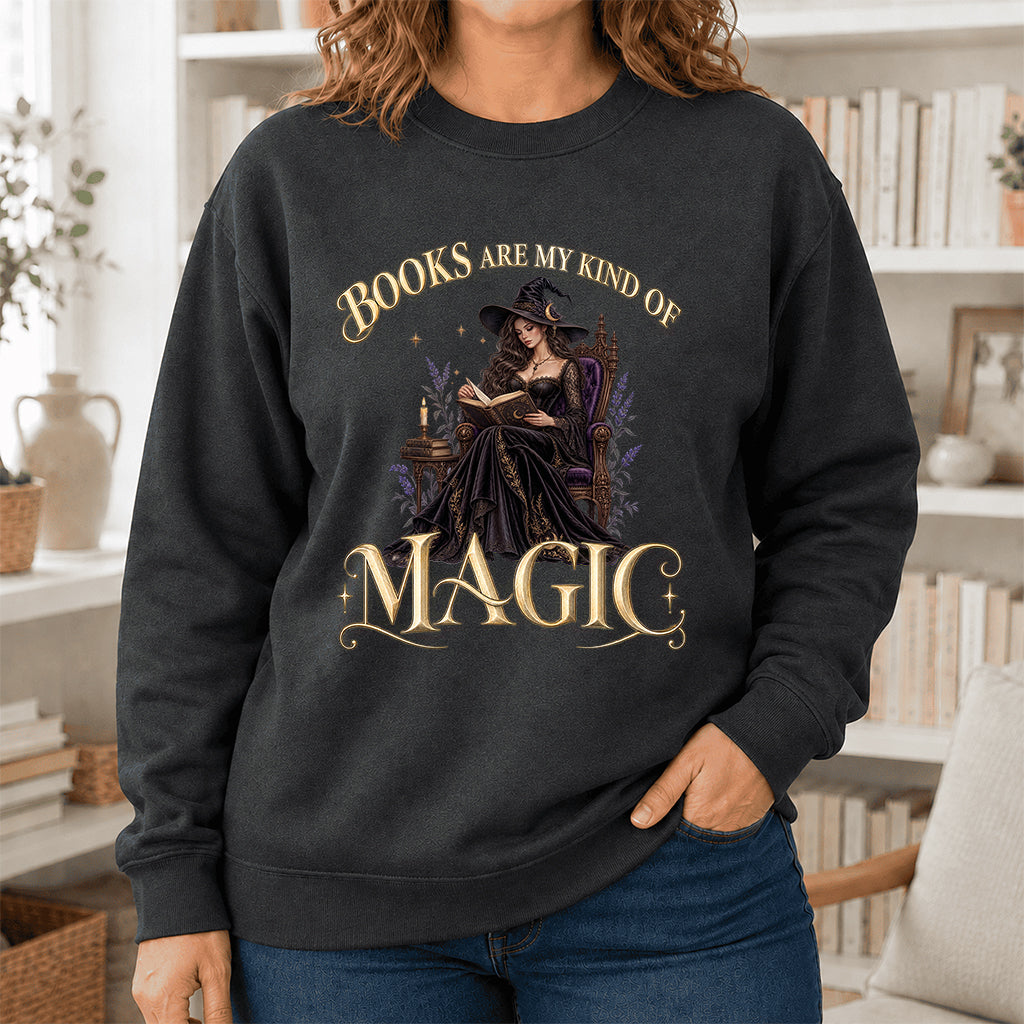 Books Are My Kind Of Magic Crewneck Sweatshirt | Halloween Literary Fantasy Book Lover Gift Dark Heather