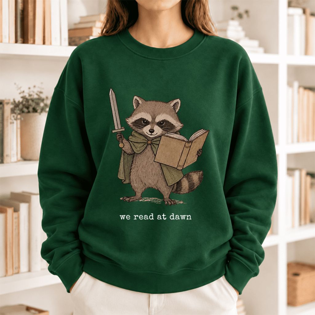 We Read At Dawn Funny Racoon Softstyle Sweatshirt | Cozy Book Lover Gift Forest Green