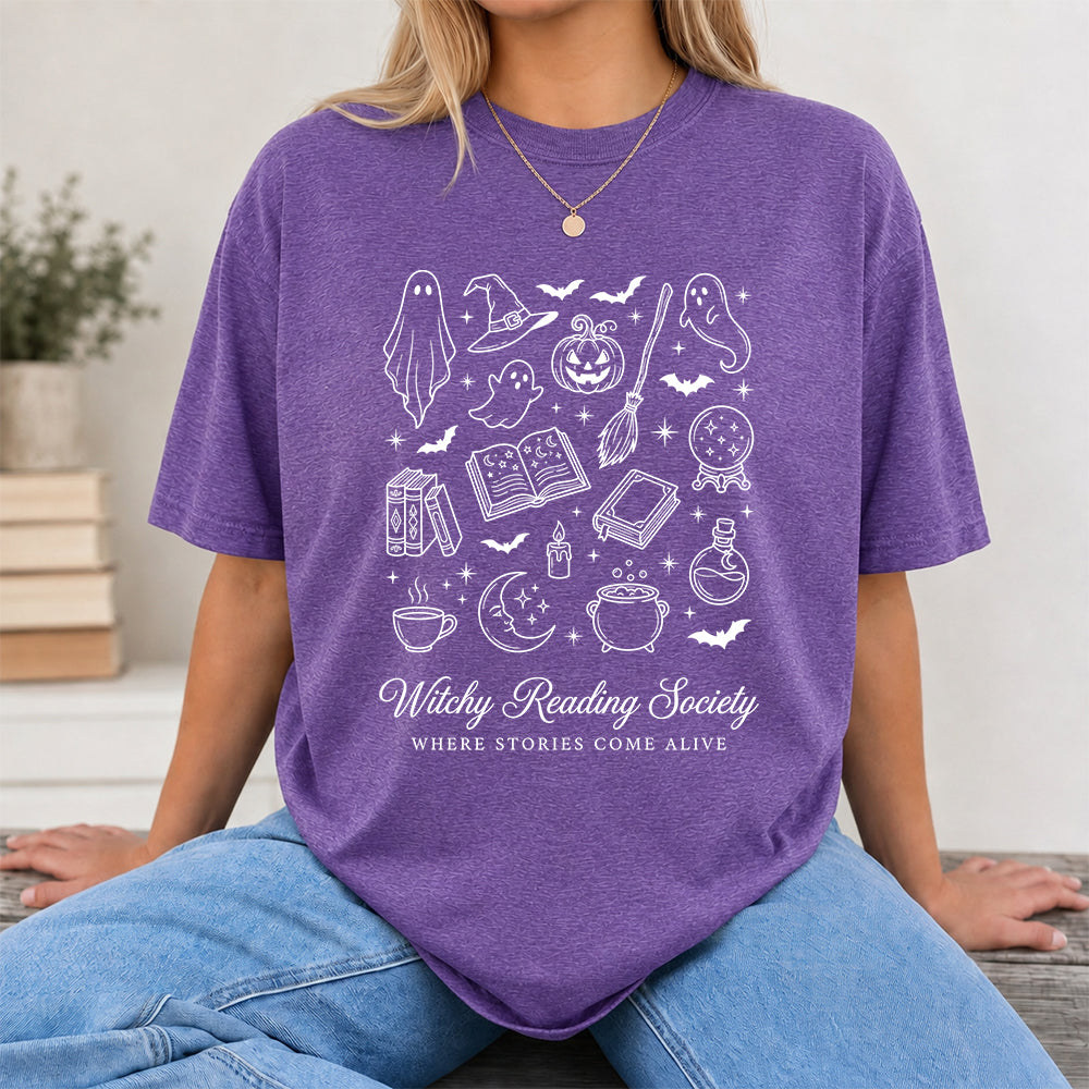 Witchy Reading Society Printed T-Shirt | Halloween Reader Gift Heather Purple