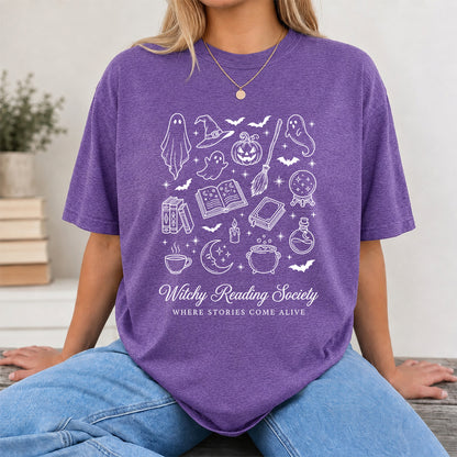 Witchy Reading Society Printed T-Shirt | Halloween Reader Gift Heather Purple