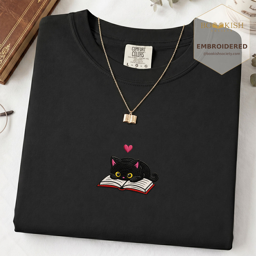 Embroidered Black Cat and Book Comfort Color® T-shirt Book Lover Gift Black