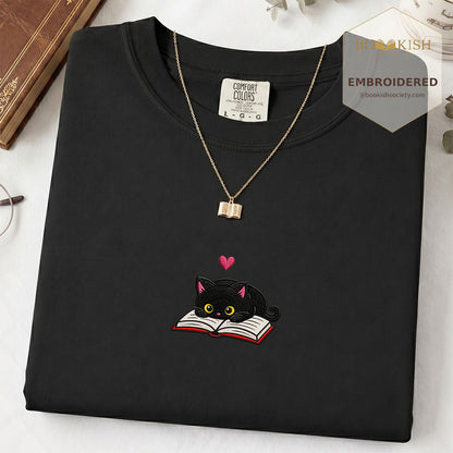 Embroidered Black Cat and Book Comfort Color® T-shirt Book Lover Gift Black