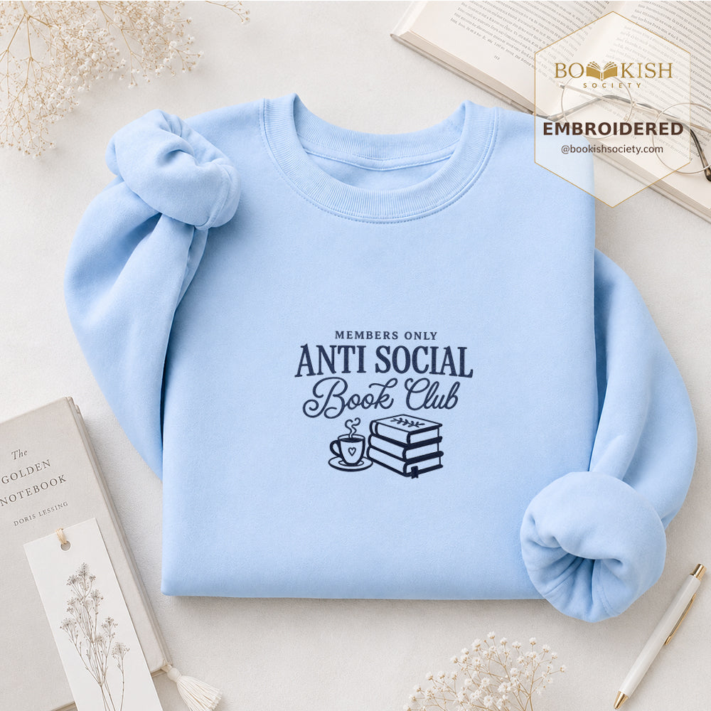 Anti-Social Book Club Embroidered Sweatshirt | Reader Gift Light Blue