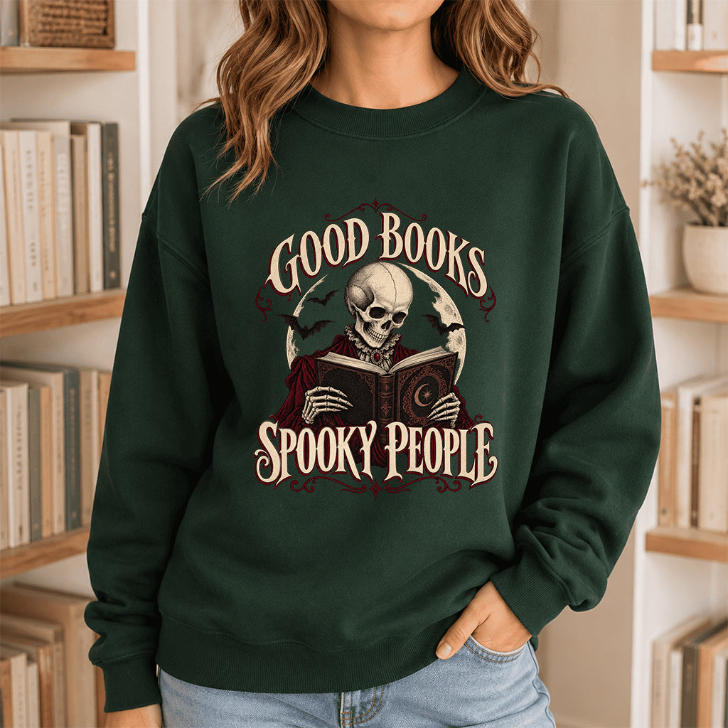 Good Books Spooky People Printed Sweatshirt | Halloween Book Lover Gift Forest Green