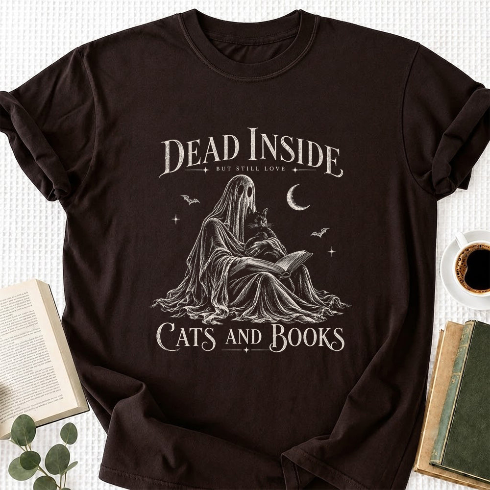 Dead Inside But Still Love Cats And Books Printed T-Shirt | Halloween Gift Dark Chocolate