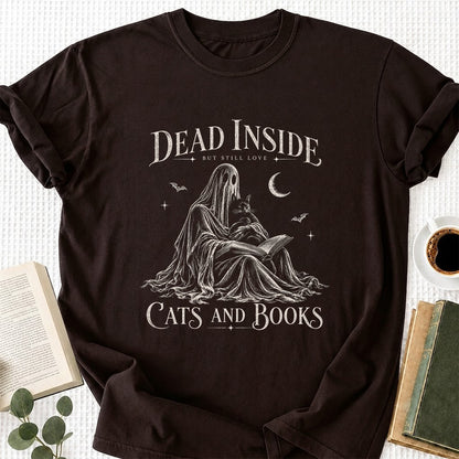 Dead Inside But Still Love Cats And Books Printed T-Shirt | Halloween Gift Dark Chocolate