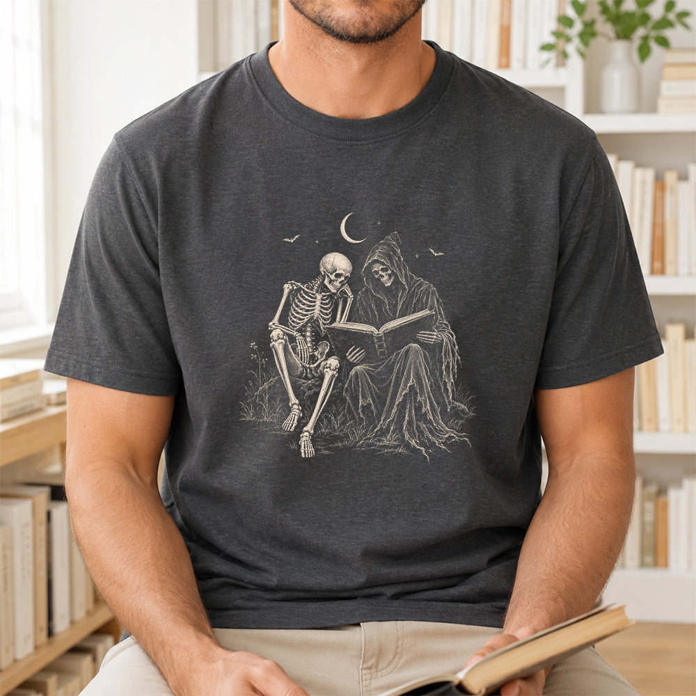 Halloween Reading Buddies Printed T-Shirt | Halloween Book Lover Gift Dark Heather