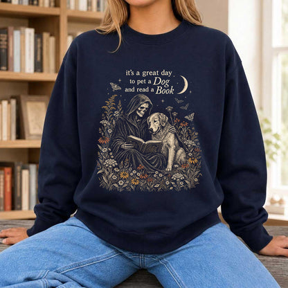 It's A Great Day To Pet A Dog And Read A Book Crewneck Sweatshirt | Gift Navy