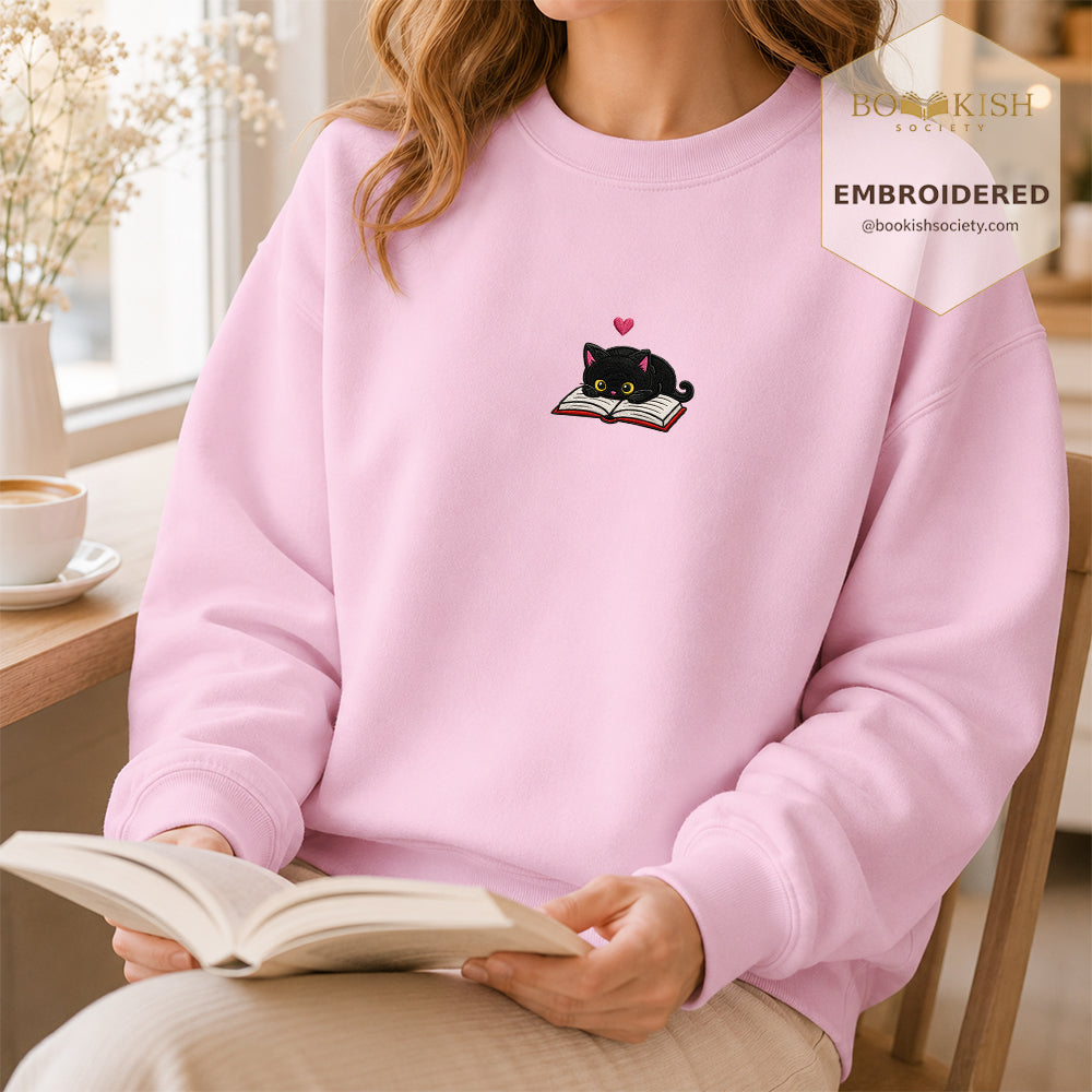 Black Cat and Book Embroidered Sweatshirt | Reader Gift Light Pink
