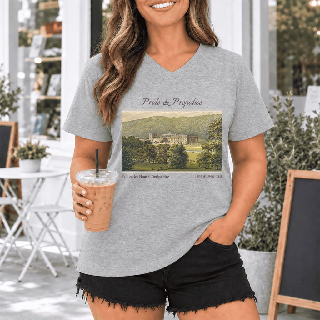 Pemberley House Pride And Prejudice Ultra-Soft V-Neck | Classic Literature Reader Gift Athletic Heather