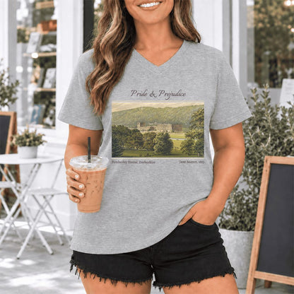 Pemberley House Pride And Prejudice Ultra-Soft V-Neck | Classic Literature Reader Gift Athletic Heather