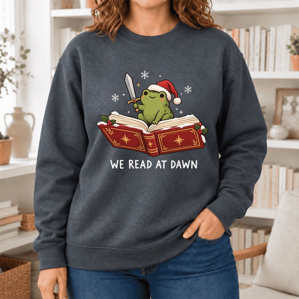 We Read At Dawn Frog Softstyle Sweatshirt | Christmas Book Lover Gift Dark Heather