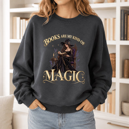 Books Are My Kind Of Magic Crewneck Sweatshirt | Halloween Literary Fantasy Book Lover Gift Dark Heather
