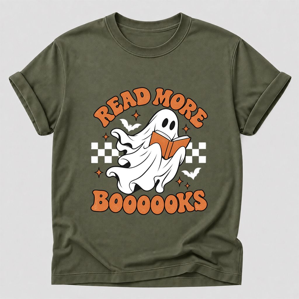 Read More Books Flying Ghost Printed T-Shirt | Halloween Book Lover Gift Military Green