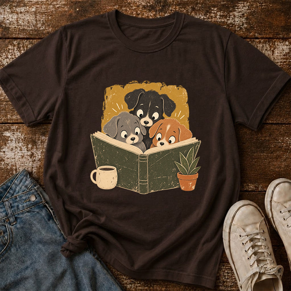 Minimal Japanese Dogs Reading Softstyle T-Shirt | Book Lover Gift Dark Chocolate