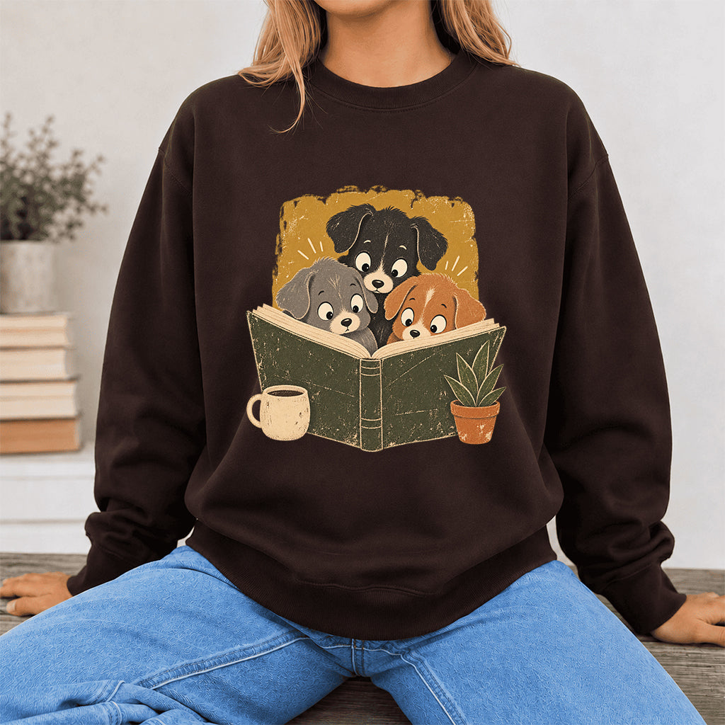 Minimal Japanese Dogs Reading Crewneck Sweatshirt | Reader Gift Dark Chocolate