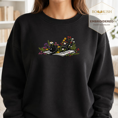 Cat and Book Embroidered Sweatshirt | Reader Gift Black