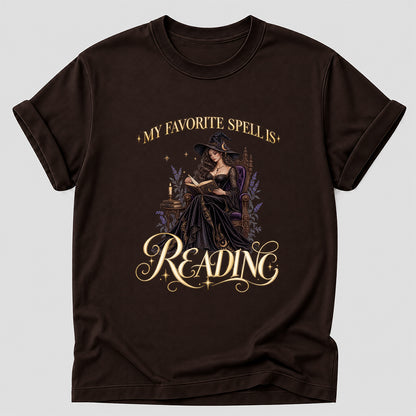 My Favorite Spell Is Reading Printed T-Shirt | Halloween Fantasy Book Lover Gift Dark Chocolate