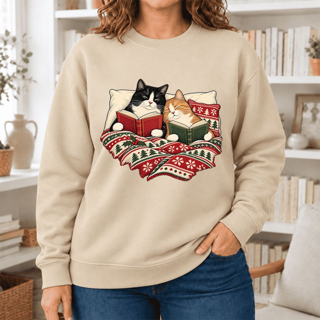 Christmas Reading Cat Couple Softstyle Sweatshirt | Cozy Christmas Gift Sand