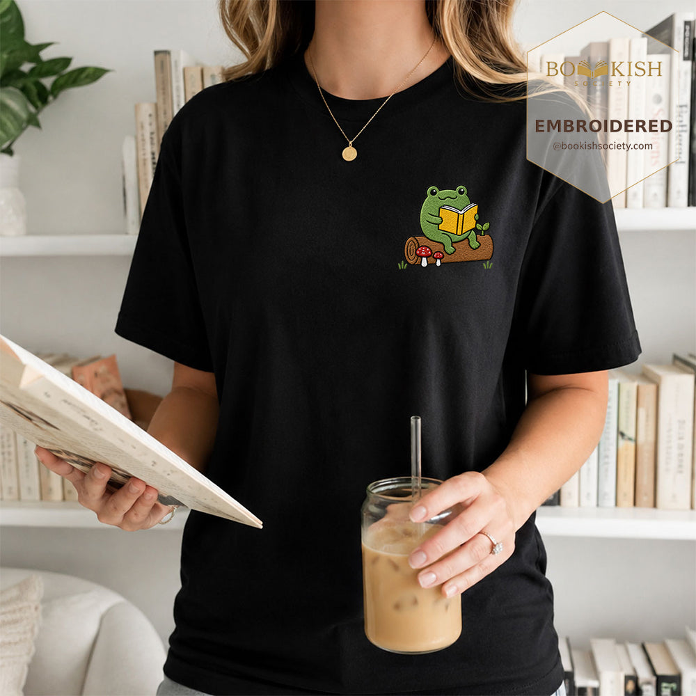 Embroidered Frog on Log Reading Book Comfort Color® T-shirt Book Lover Gift Black