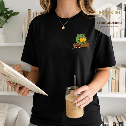 Embroidered Frog on Log Reading Book Comfort Color® T-shirt Book Lover Gift Black