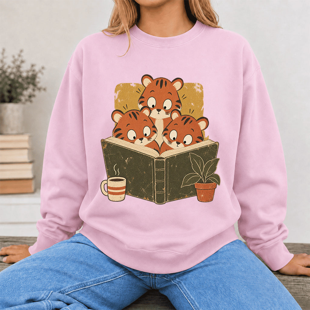 Minimal Japanese Tigers Reading Crewneck Sweatshirt | Reader Gift Light Pink