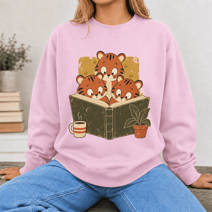 Minimal Japanese Tigers Reading Crewneck Sweatshirt | Reader Gift Light Pink