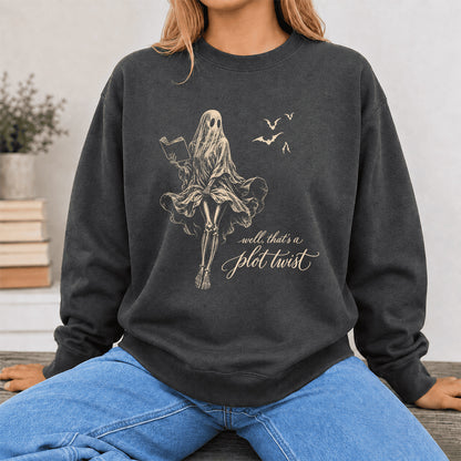 Funny Dress-Wearing Bookworm Ghost Printed Sweatshirt | Halloween Reader Gift Dark Heather