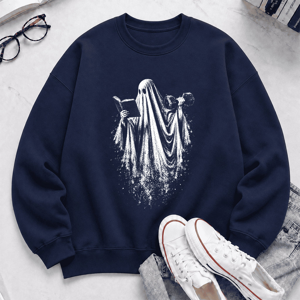 Reading Gym Ghost Printed Sweatshirt | Halloween Book Lover Gift Navy