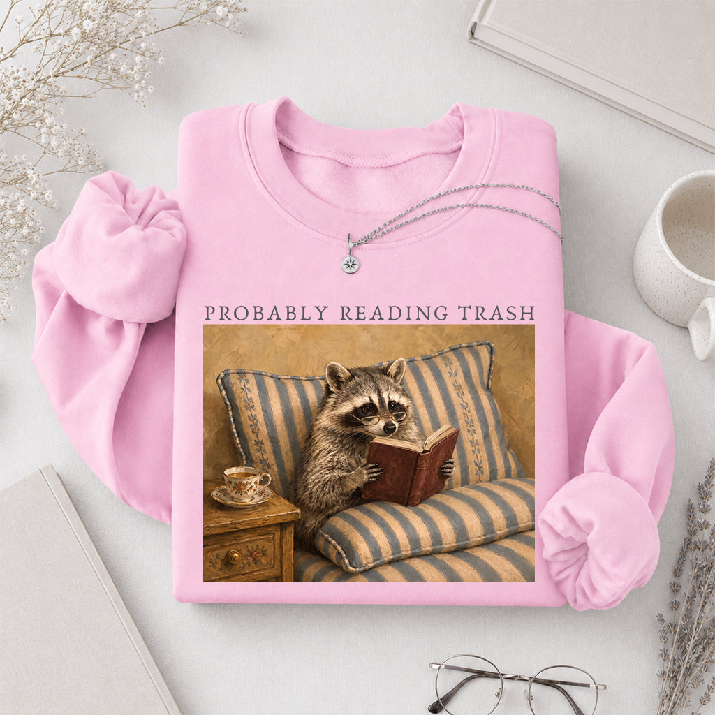 Probably Reading Trash Racoon Crewneck Sweatshirt | Reader Gift Light Pink