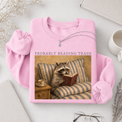 Probably Reading Trash Racoon Crewneck Sweatshirt | Reader Gift Light Pink