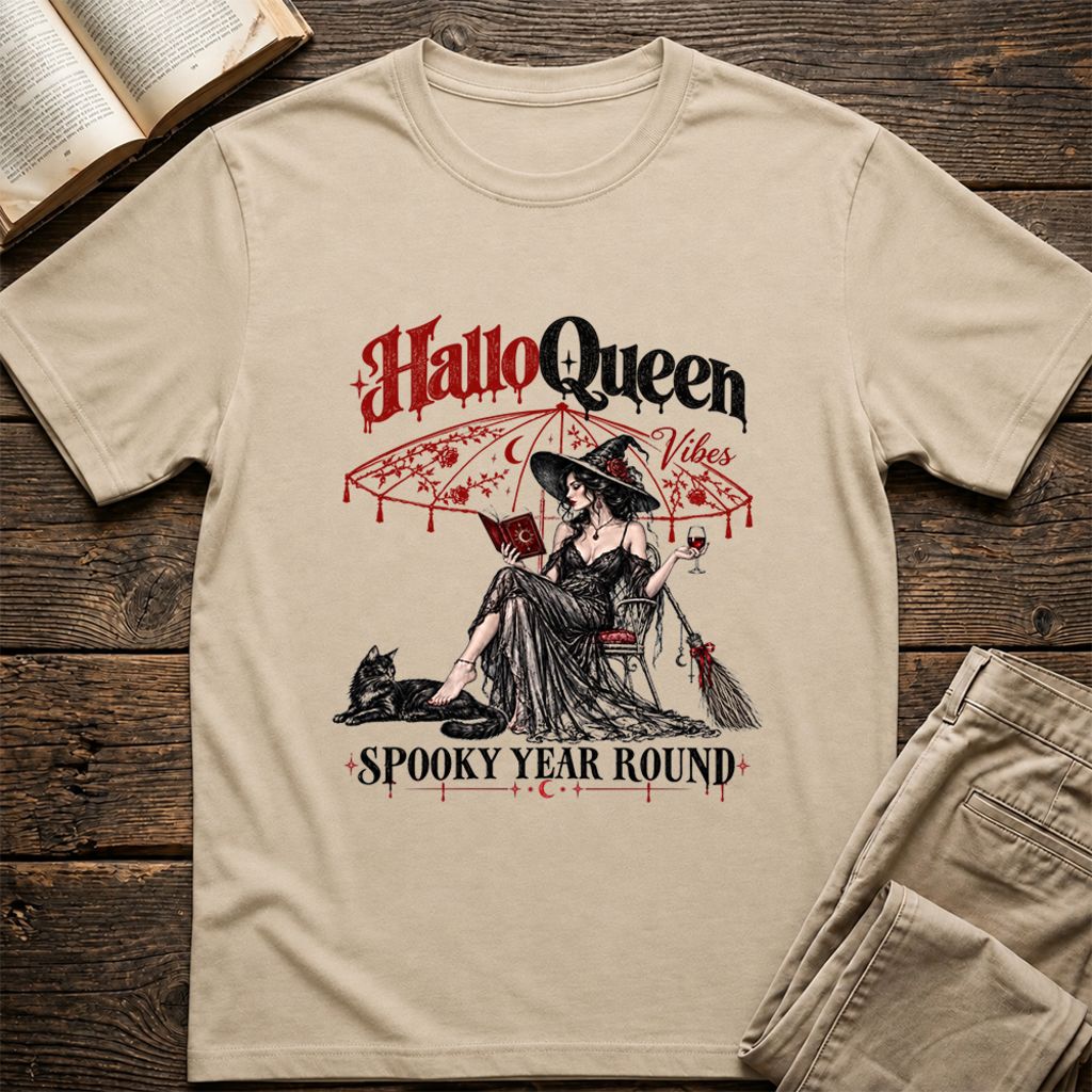 Halloqueen Spooky Year Round Printed T-Shirt | Halloween Book Lover Gift Sand