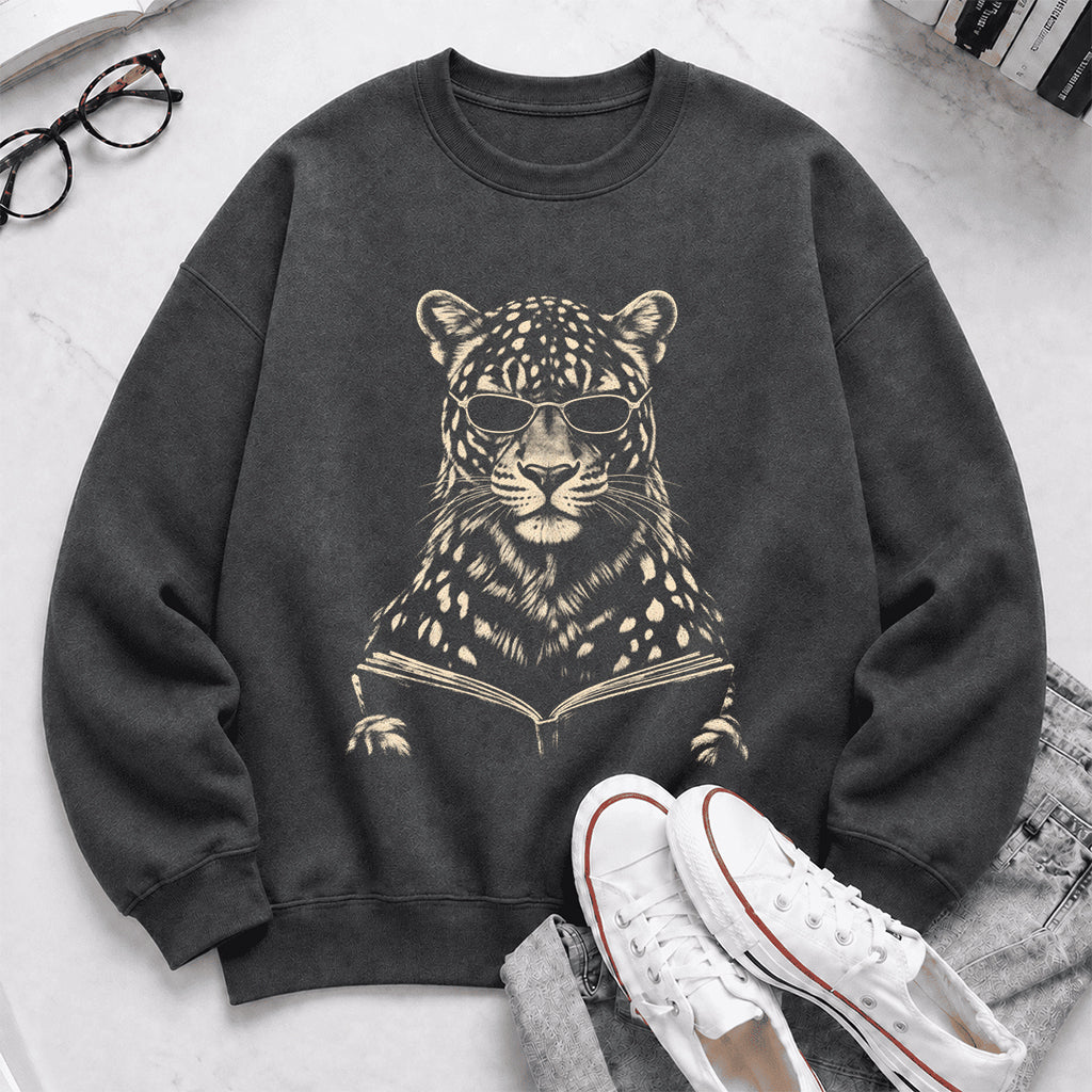 Leopard Reading Book Crewneck Sweatshirt | Reader Gift Dark Heather