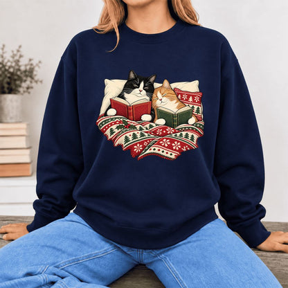 Christmas Reading Cat Couple Softstyle Sweatshirt | Cozy Christmas Gift Navy