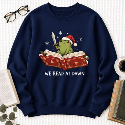 We Read At Dawn Frog Softstyle Sweatshirt | Christmas Book Lover Gift Navy