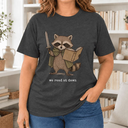 We Read At Dawn Funny Racoon Ultra-Soft Cotton T-Shirt | Playful Reader Gift Dark Grey Heather