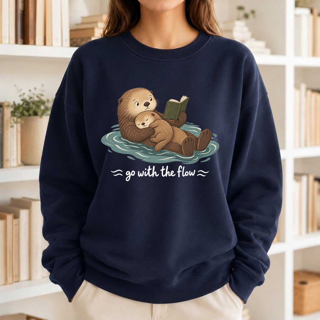 Go With The Flow Otter Reading Crewneck Sweatshirt | Reader Gift Navy
