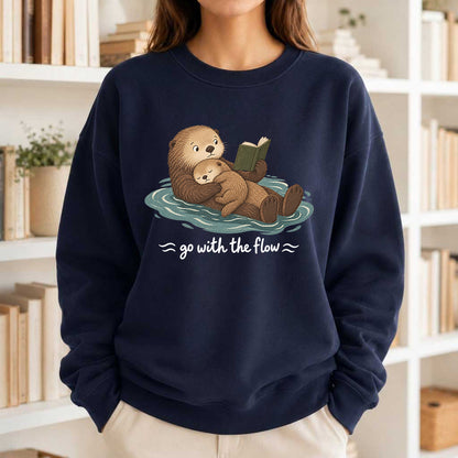 Go With The Flow Otter Reading Crewneck Sweatshirt | Reader Gift Navy