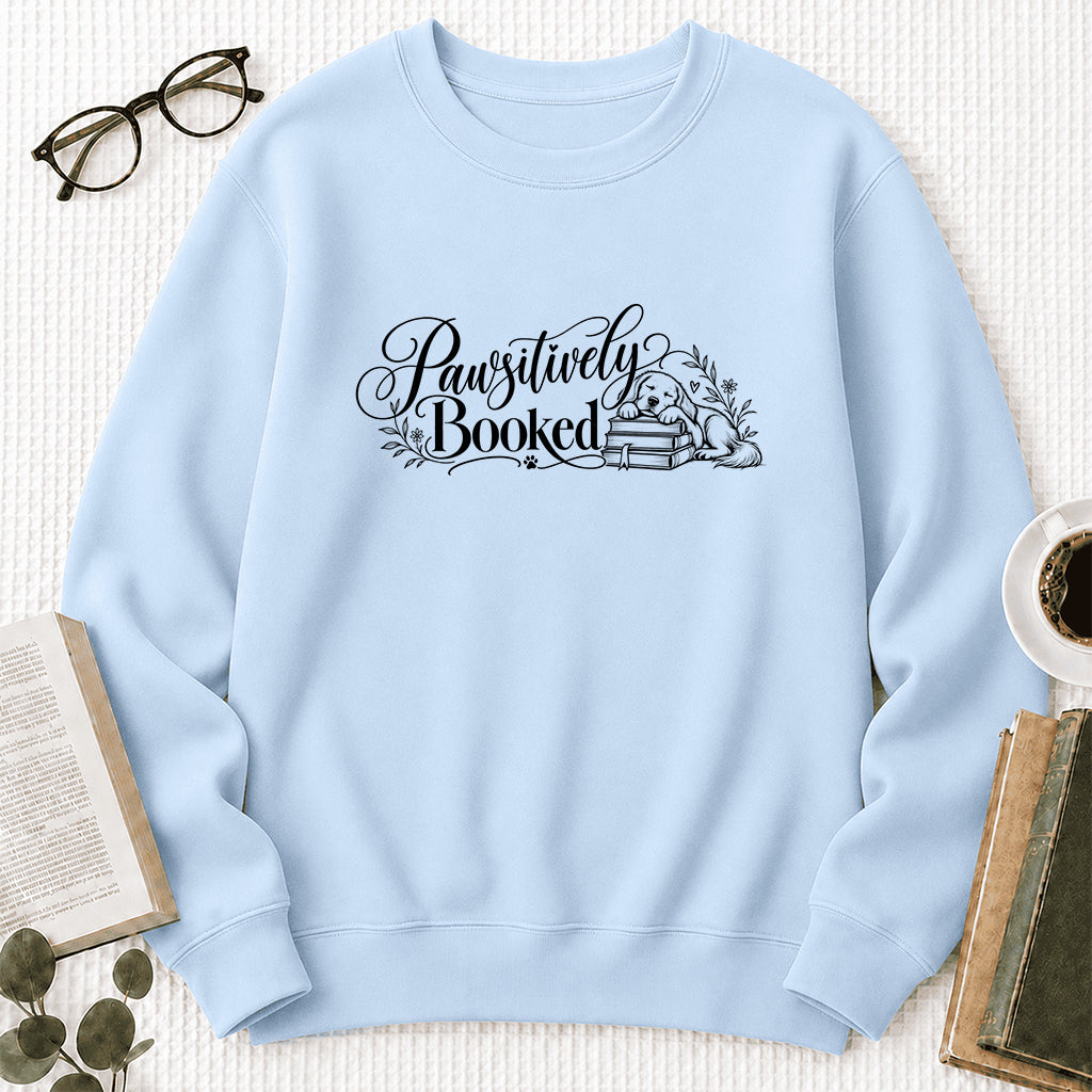 Pawsitively Booked Crewneck Sweatshirt | Dog Lover & Reader Gift Light Blue