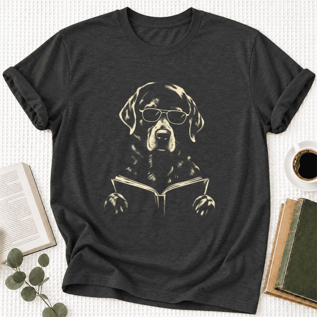 Labrador Retriever Reading Book Ultra-Soft Cotton T-Shirt | Dog Mom Reader Gift Dark Grey Heather
