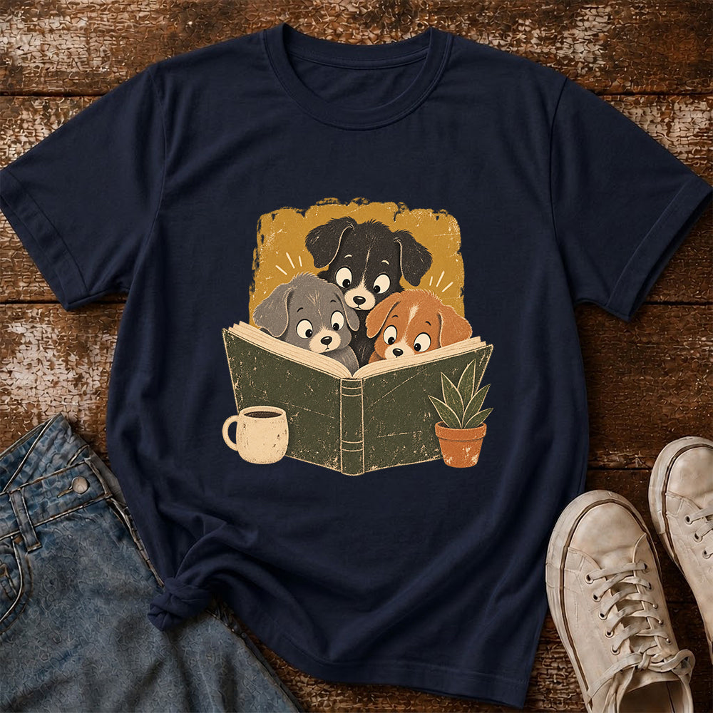 Minimal Japanese Dogs Reading Softstyle T-Shirt | Book Lover Gift Navy