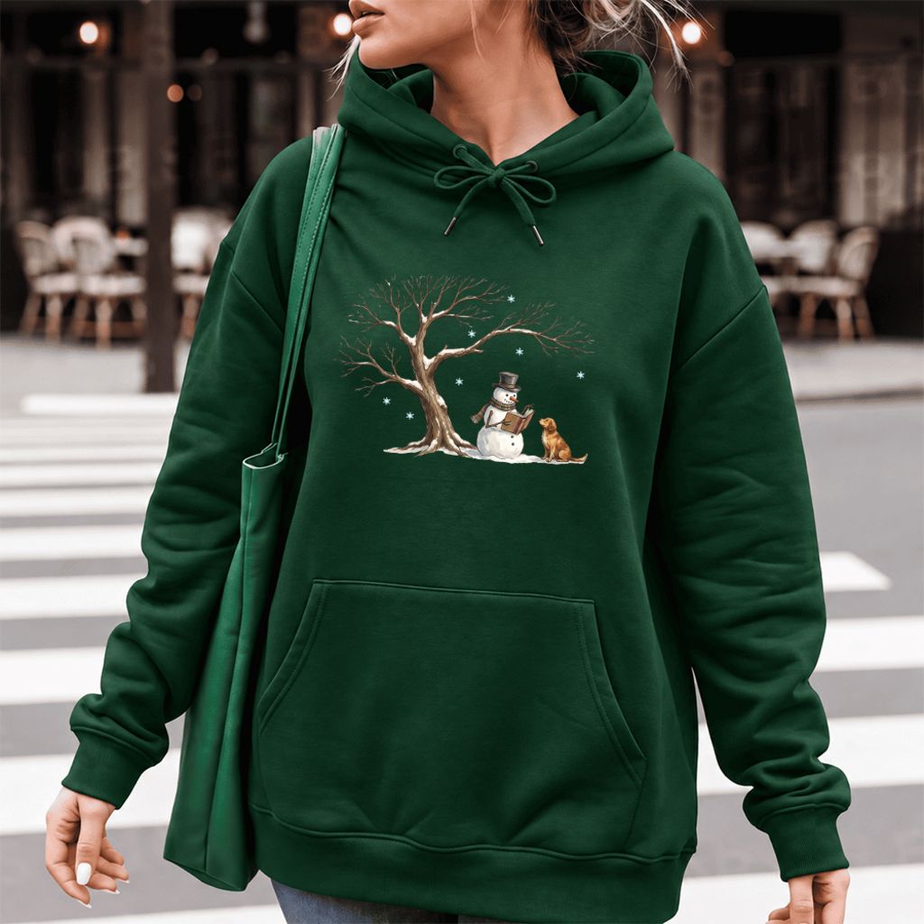 Golden Retriever And Snowman Under Tree Softstyle Hoodie | Christmas Reader Gift Forest Green