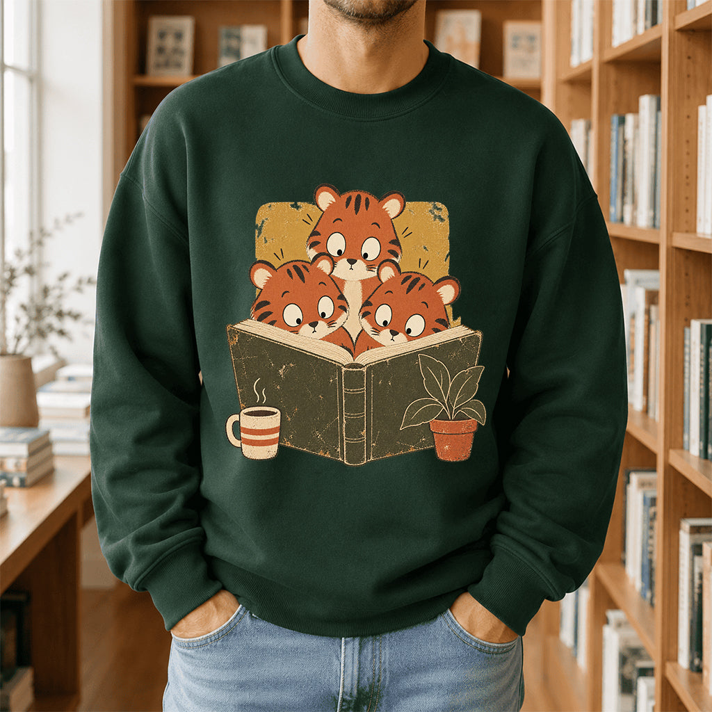 Minimal Japanese Tigers Reading Crewneck Sweatshirt | Reader Gift Forest Green