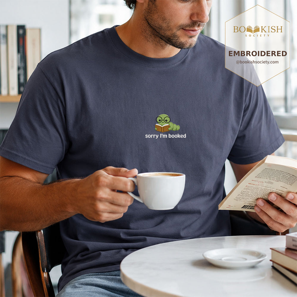 Sorry I'm Booked Embroidered Comfort Color® T-shirt | Book Lover Gift Denim