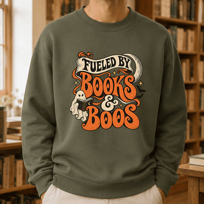 Fueled By Books & Boos Printed Sweatshirt | Halloween Book Lover Gift Military Green