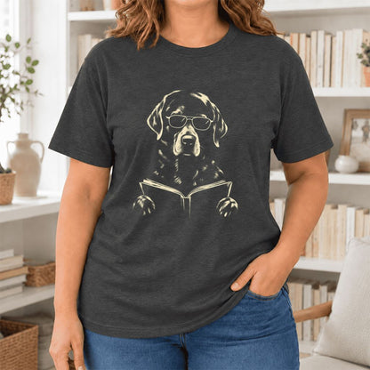 Labrador Retriever Reading Book Ultra-Soft Cotton T-Shirt | Dog Mom Reader Gift Dark Grey Heather